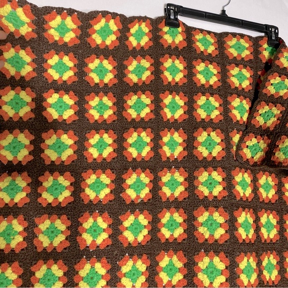 Vintage Handmade Brown Orange Yellow Green Crochet Granny Square Afghan Blanket - Picture 7 of 12